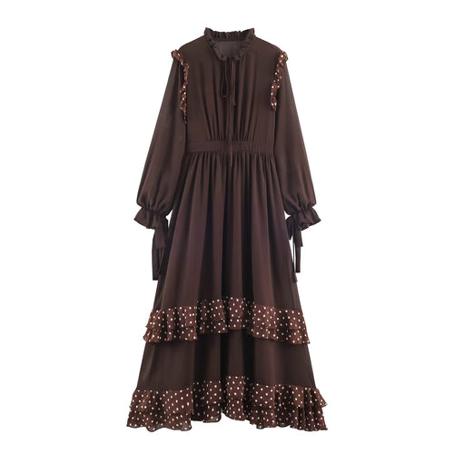 Damen Midikleid mit Volantstufen, Stehkragen und Ballonärmeln Nord Taschen