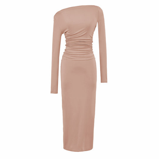 Damen Einschulter-Midikleid mit Langarm und seitlicher Raffung Nord Taschen