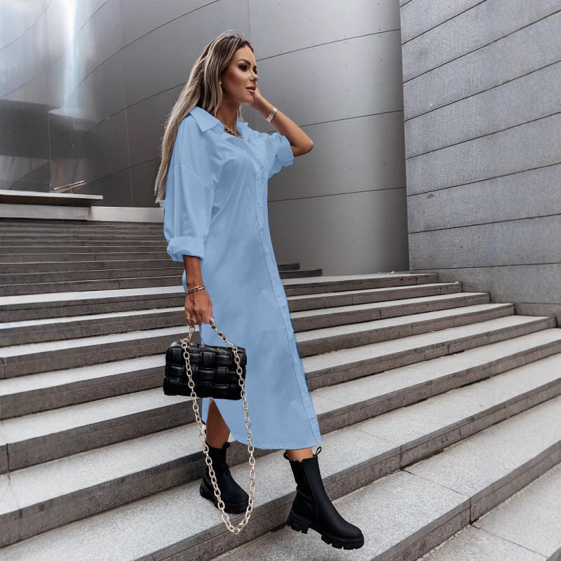 Damen Langes Oversize-Hemdblusenkleid mit durchgehender Knopfleiste, umgeschlagenen Ärmeln und tiefem Seitenschlitz Nord Taschen