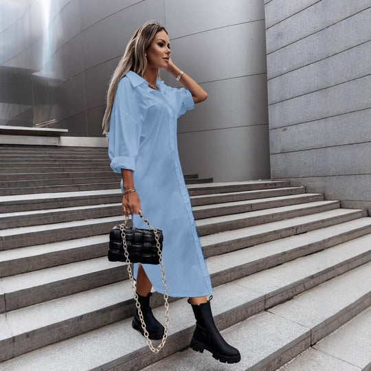 Damen Langes Oversize-Hemdblusenkleid mit durchgehender Knopfleiste, umgeschlagenen Ärmeln und tiefem Seitenschlitz Nord Taschen