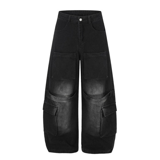 Damen Hochgeschnittene weite Cargo-Palazzo-Jeans mit großen aufgesetzten Taschen und Vintage-Waschung Nord Taschen