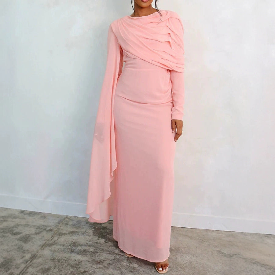 Damen Elegantes Maxi-Kleid mit drapierter Schultergestaltung und langem Arm Nord Taschen