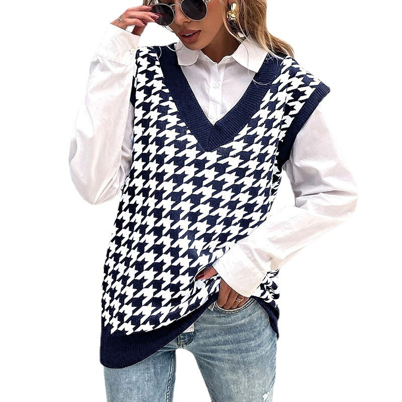 Damen Hochwertiger Strickpullover mit V-Ausschnitt und Hahnentrittmuster Nord Taschen