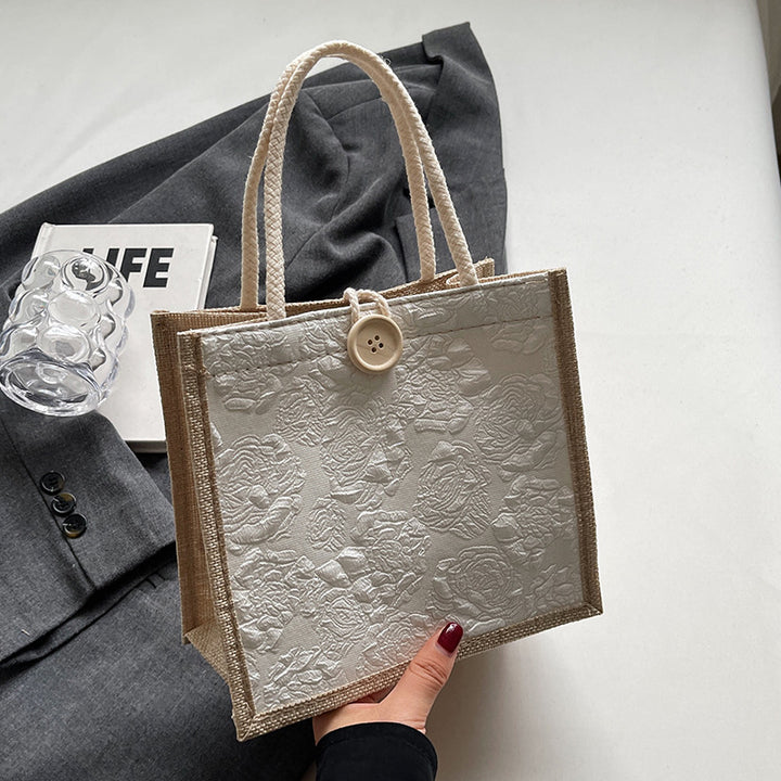 Damen Jute-Tasche mit elegantem Blütenmuster und praktischem Knopfverschluss Nord Taschen