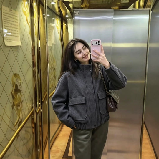Damen Wollmix-Blousonjacke mit Stehkragen, großen Klappentaschen und elastischem Saum Nord Taschen