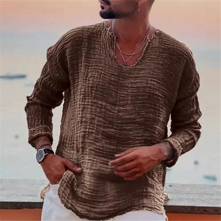 Herren lässiges V-Neck Leinenhemd