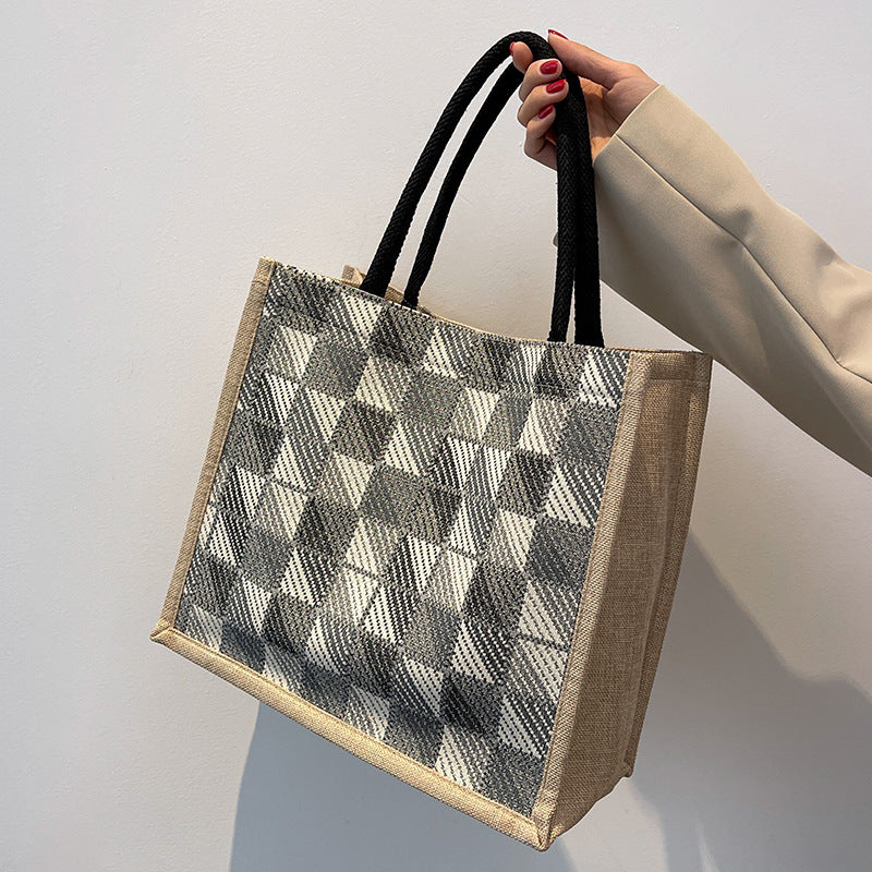 Damen Jute-Tragetasche mit modernem Karo-Design und stabilen Griffen Nord Taschen