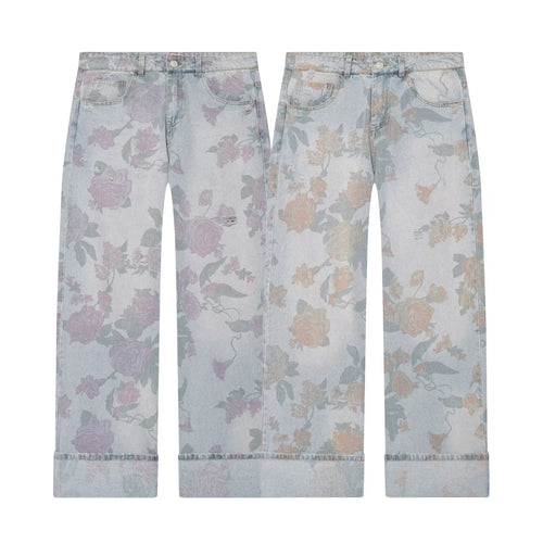 Damen Highwaist-Jeans mit weitem Bein, floralem Allover-Print und Umschlag Nord Taschen