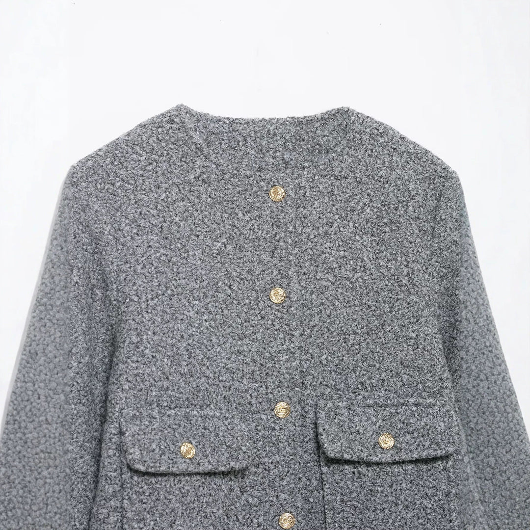 Damen Bouclé-Boxy-Jacke mit goldenen Knöpfen und aufgesetzten Taschen Nord Taschen