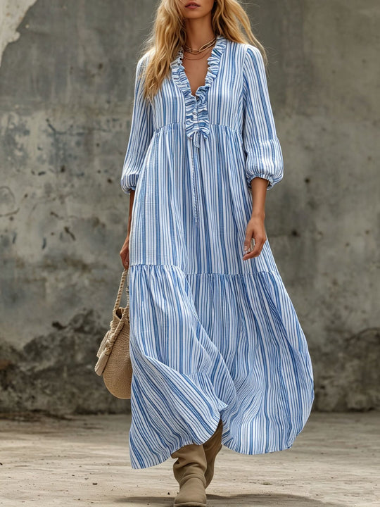 Damen Maxikleid mit Rüschen-V-Ausschnitt und Ballonärmeln Nord Taschen