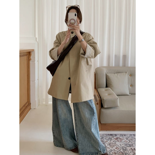 Damen Oversize-Mantel mit Stehkragen und kariertem Ärmelsaum Nord Taschen
