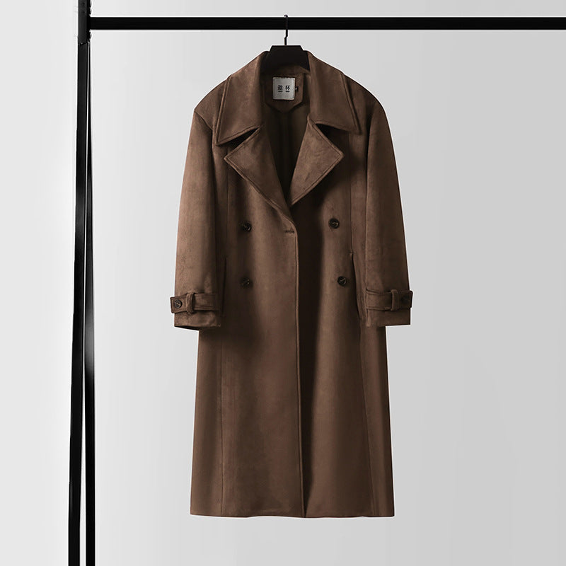 Herren Maxilanger Velours-Mantel im Trench-Look mit breitem Revers und Bindegürtel Nord Taschen
