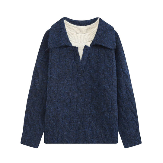 Damen Grobgestrickter Oversize-Pullover mit Polokragen und Zopfmuster Nord Taschen