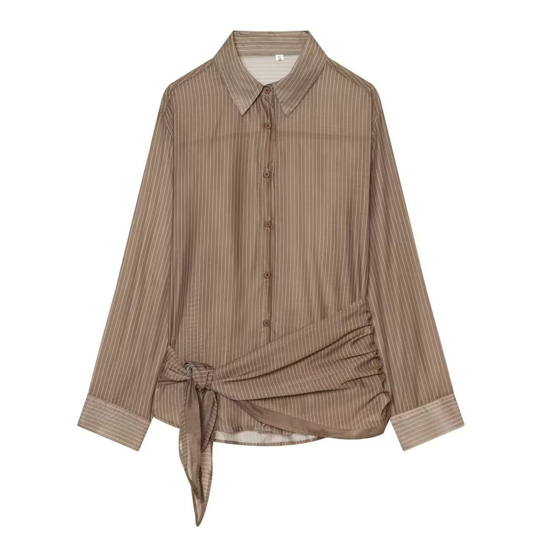 Damen Nadelstreifen-Seidenoptik-Bluse mit seitlicher Knotendetail Nord Taschen