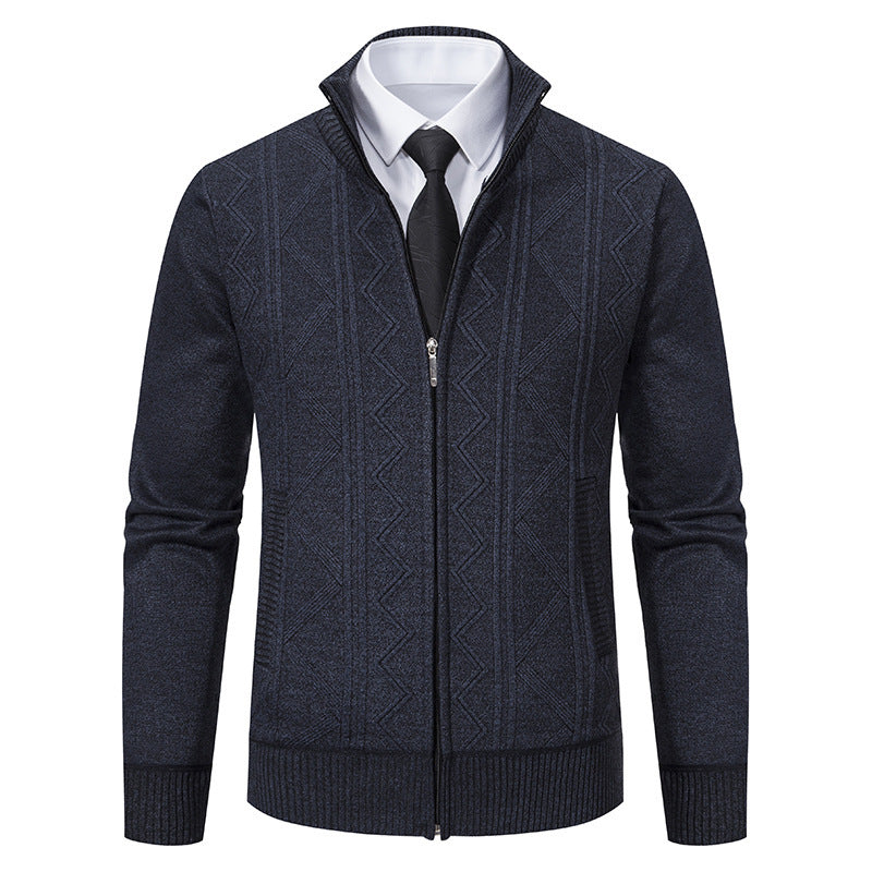Herren Strukturiertes Feinstrick-Zipcardigan mit Stehkragen und geometrischem Zopfmuster Nord Taschen