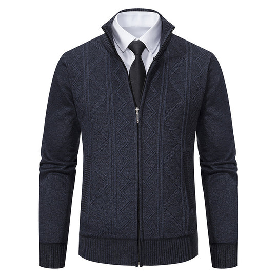 Herren Strukturiertes Feinstrick-Zipcardigan mit Stehkragen und geometrischem Zopfmuster Nord Taschen