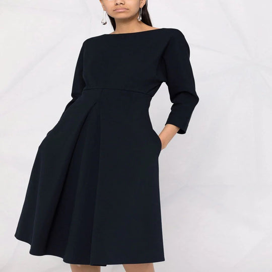 Damen Kleid mit 3/4-Ärmeln, Boot-Ausschnitt und tailliertem Faltenrock Nord Taschen