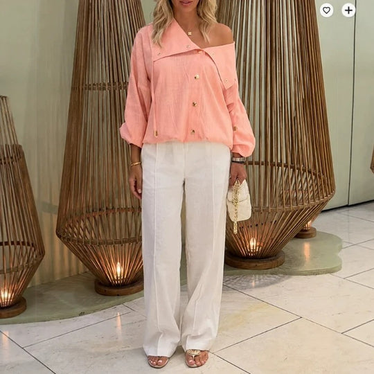 Damen Oversize Off-Shoulder Leinenbluse mit asymmetrischem Kragen und Zierknopfleiste Nord Taschen