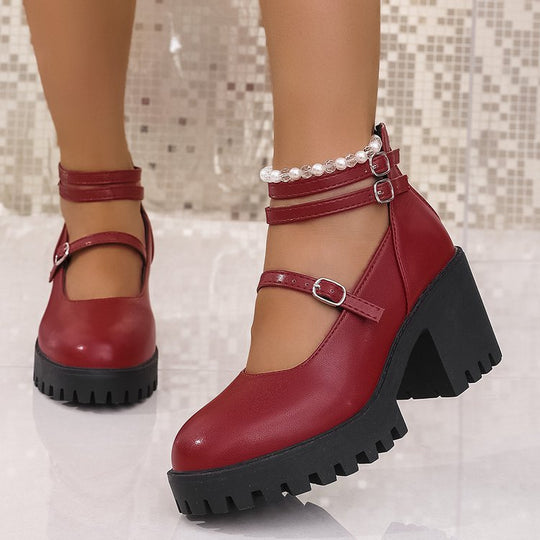 Damen Blockabsatz-Schnürschuhe mit modischem Riemendesign und rutschfester Sohle