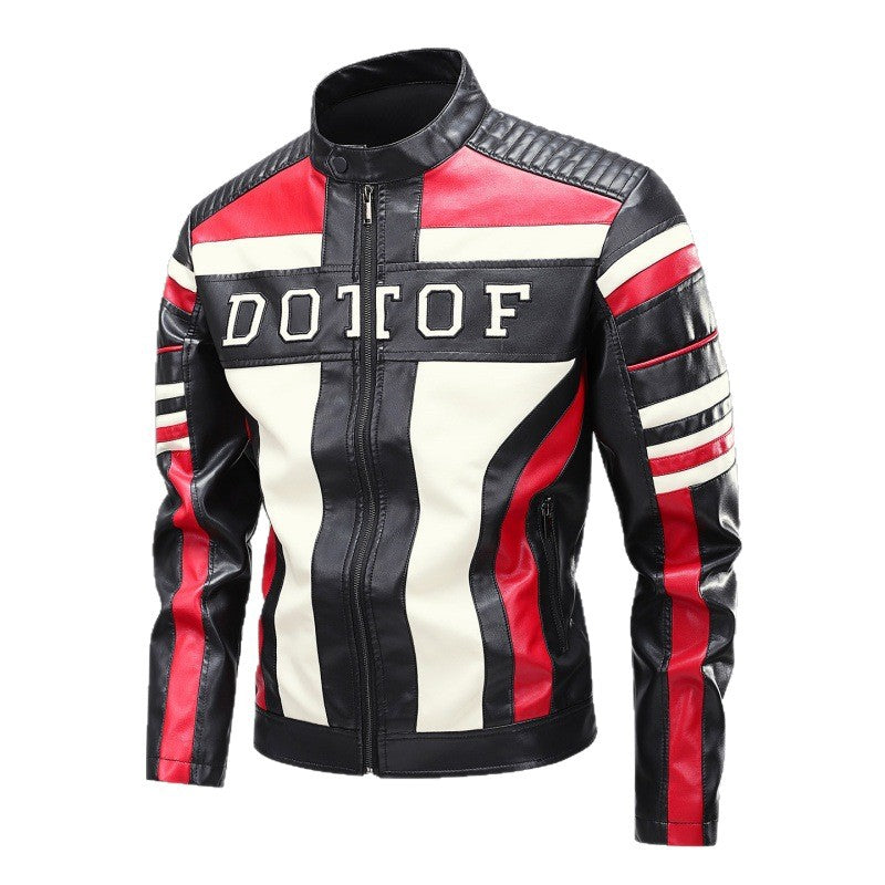 Herren Racing-Lederimitat-Bikerjacke mit Stehkragen, gesteppter Schulterpartie & Kontrast-Colourblocking Nord Taschen