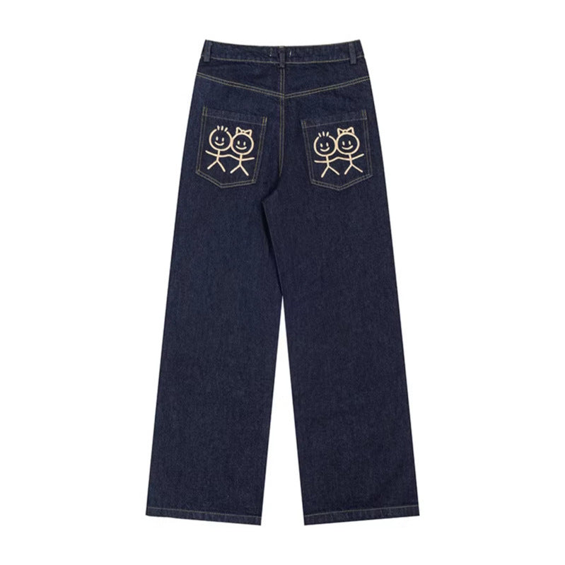 Damen Weite High‑Waist-Jeans mit geradem, weitem Bein und Stickerei auf Gesäßtaschen Nord Taschen