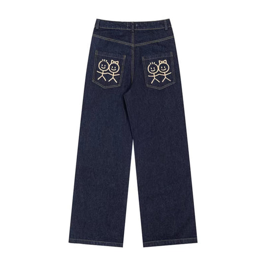 Damen Weite High‑Waist-Jeans mit geradem, weitem Bein und Stickerei auf Gesäßtaschen Nord Taschen