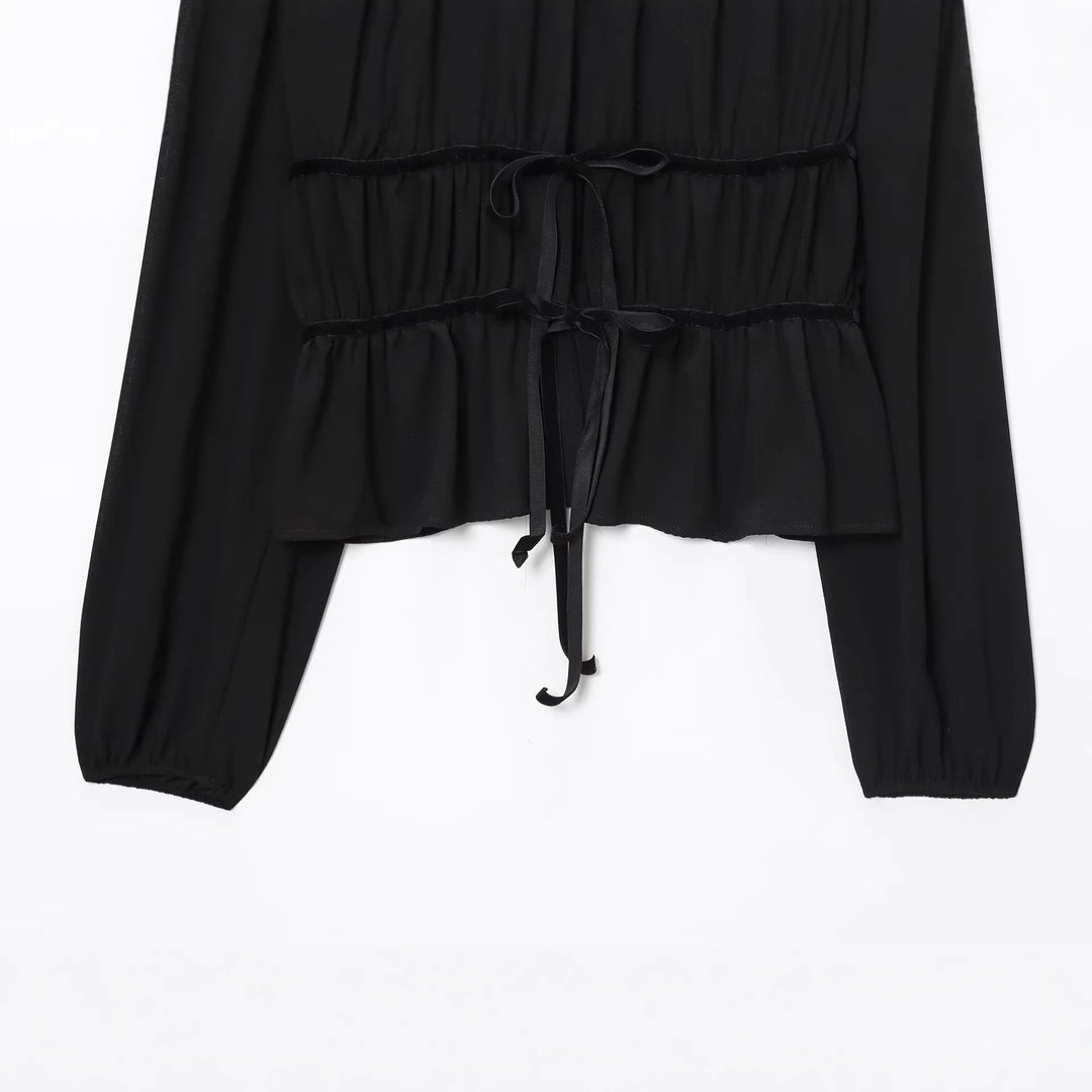 Damen Leichte Chiffon-Cropped-Bluse mit Rüschenkragen und Taillenbändern Nord Taschen