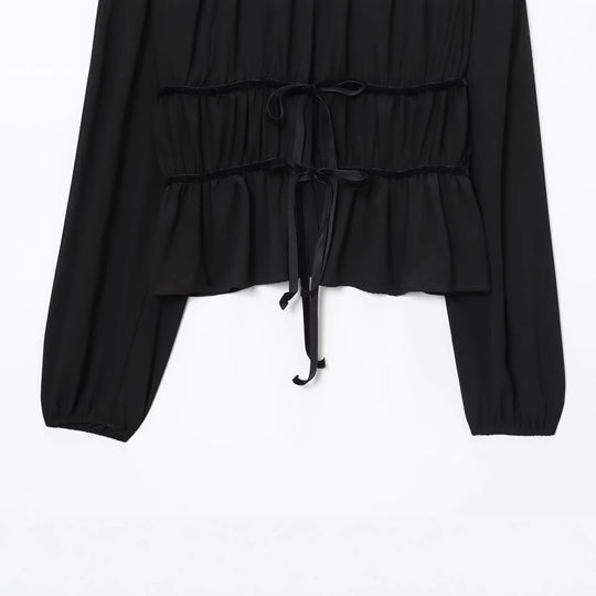 Damen Leichte Chiffon-Cropped-Bluse mit Rüschenkragen und Taillenbändern Nord Taschen