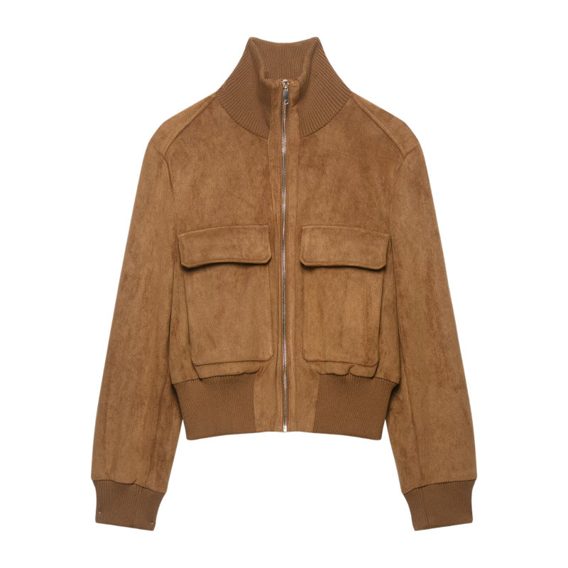 Damen Kurze Wildlederoptik-Bomberjacke mit Stehkragen, Klappentaschen und Rippbündchen Nord Taschen