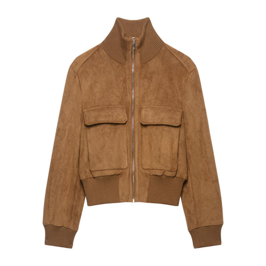 Damen Kurze Wildlederoptik-Bomberjacke mit Stehkragen, Klappentaschen und Rippbündchen Nord Taschen