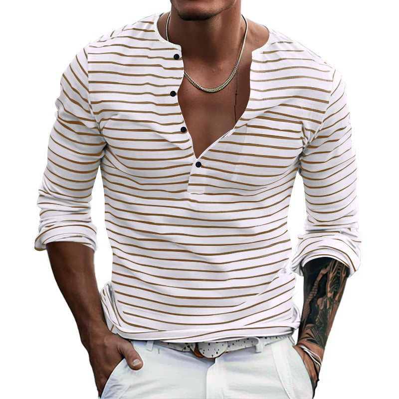 Herren Langarm-Henley-Shirt mit modischen Streifen und praktischen Knöpfen