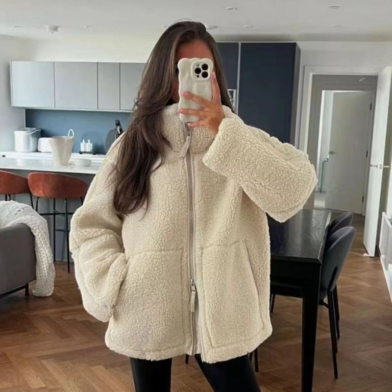 Damen Teddy-Fleece-Jacke mit Stehkragen und Lederoptik-Details Nord Taschen