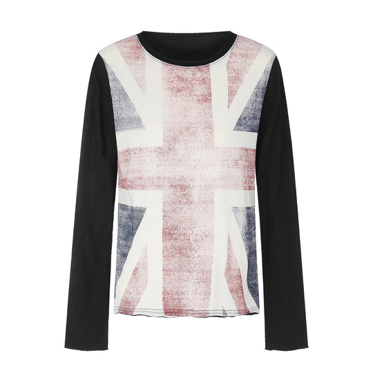 Damen Rundhals-Longsleeve aus Baumwollmix mit Vintage-Union-Jack-Print und Kontrastärmeln Nord Taschen