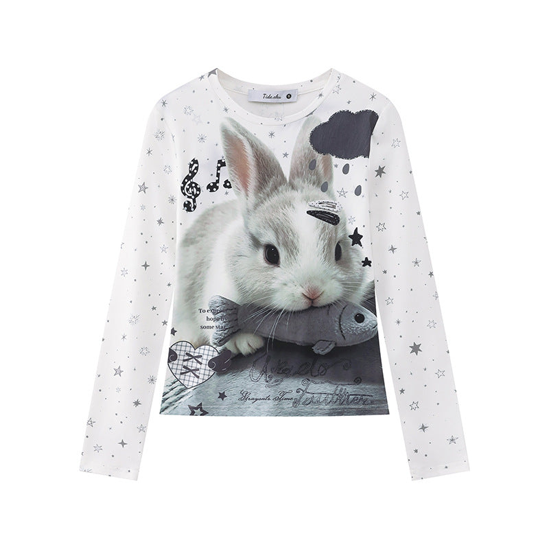 Damen Langarmshirt mit fotorealistischem Hasen-Fotoprint, Allover-Sternenmuster und elastischem Jersey Nord Taschen
