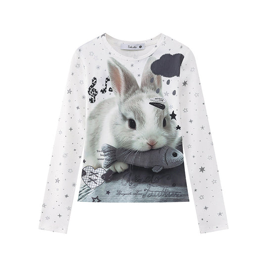 Damen Langarmshirt mit fotorealistischem Hasen-Fotoprint, Allover-Sternenmuster und elastischem Jersey Nord Taschen