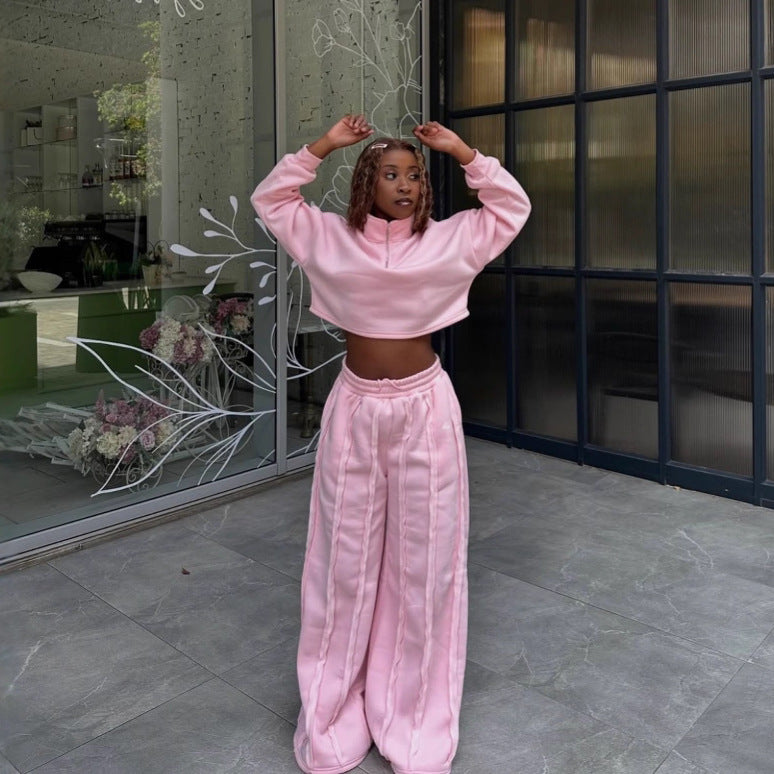 Damen Crop-Halbzip-Sweatshirt und High-Waist Wide-Leg Loungehose Set mit sichtbaren Naht-Details Nord Taschen