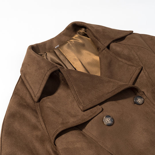 Damen Kurzer Wildleder-Trenchcoat mit Doppelreihe und Taillengürtel Nord Taschen