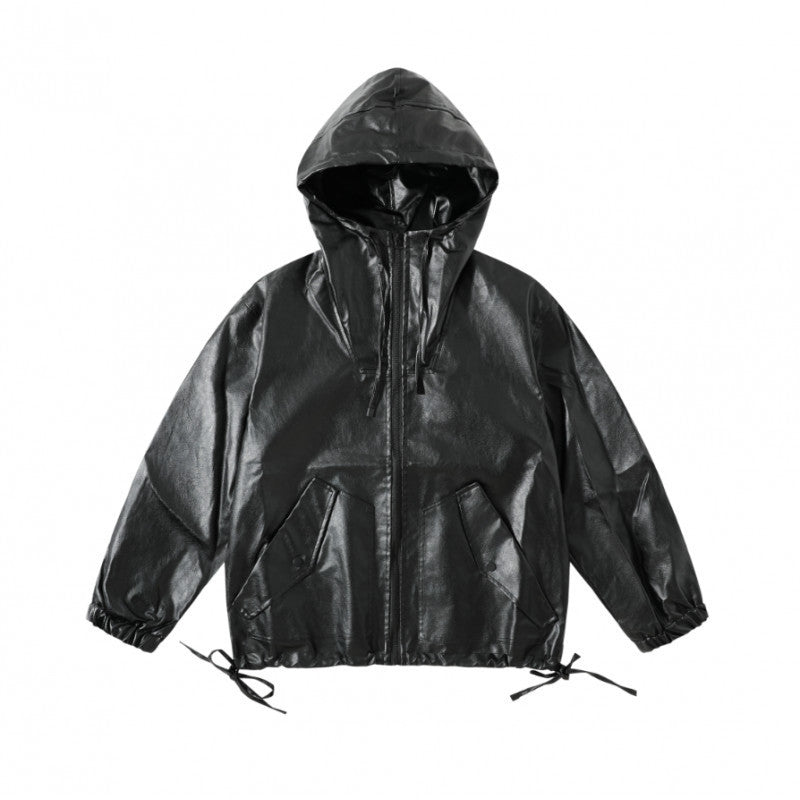 [Unisex Kapuzen-Boxy-Jacke im Lederlook mit Tunnelzug und Pattentaschen Nord Taschen]