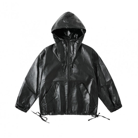 [Unisex Kapuzen-Boxy-Jacke im Lederlook mit Tunnelzug und Pattentaschen Nord Taschen]