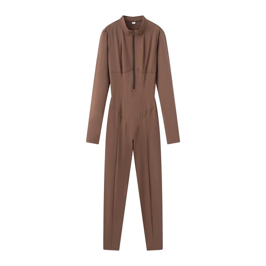 Damen Slim-Fit einteiliger Catsuit mit Reißverschluss und hohem Kragen Nord Taschen