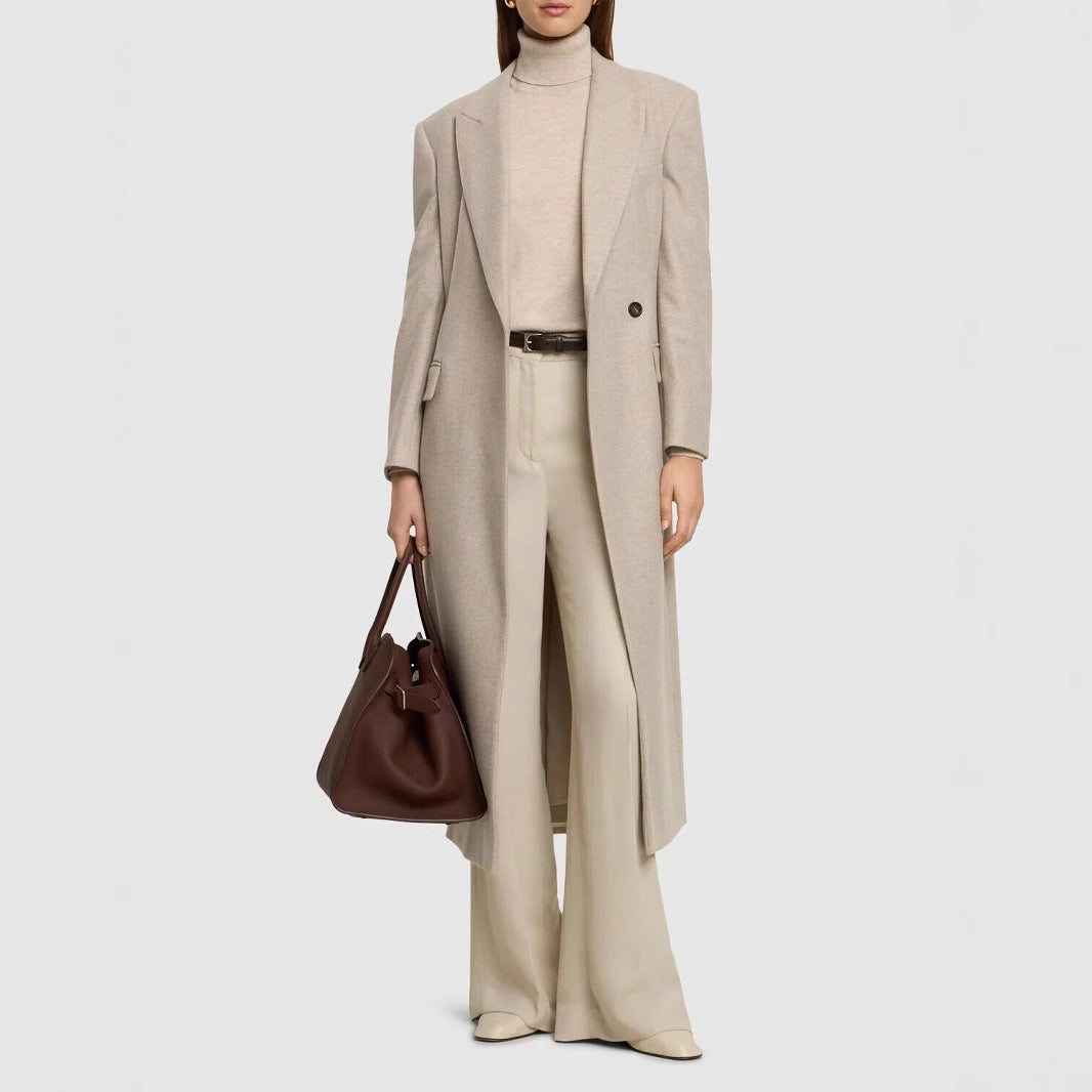 Damen Taillierter Longline Wollmixmantel mit schlanker Silhouette und Einreihiger Knopfleiste Nord Taschen