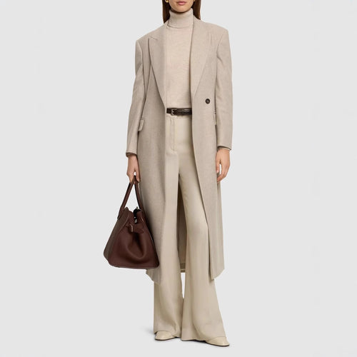 Damen Taillierter Longline Wollmixmantel mit schlanker Silhouette und Einreihiger Knopfleiste Nord Taschen