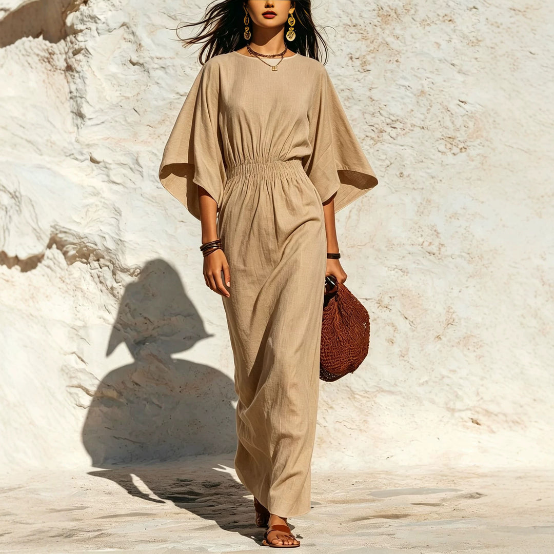 Damen Maxikleid mit Fledermausärmeln und geraffter Smock-Taillierung Nord Taschen
