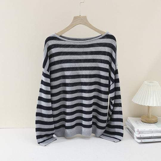 Damen lässiger Oversize Strickpullover mit U-Boot-Ausschnitt und maritimen Querstreifen Nord Taschen