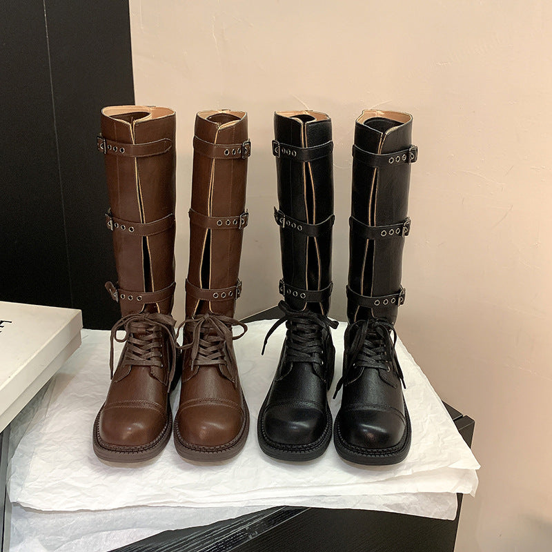 Damen kniehohe Schnürstiefel mit Zier- und Verstellschnallen Nord Taschen