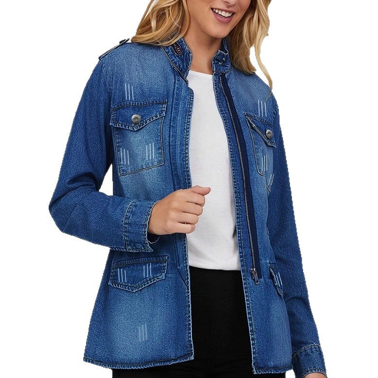 Damen taillierte Denim‑Jacke mit Stehkragen, vier Pattentaschen und leicht ausgestelltem Saum Nord Taschen
