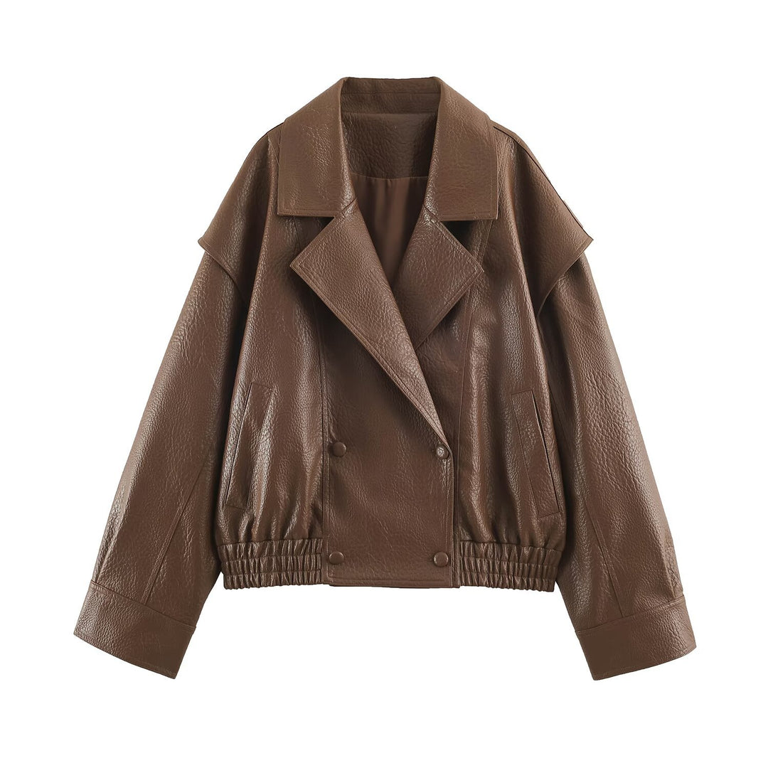 Damen Oversize Kunstlederjacke mit Doppelreihe, weitem Revers und elastischem Saum Nord Taschen