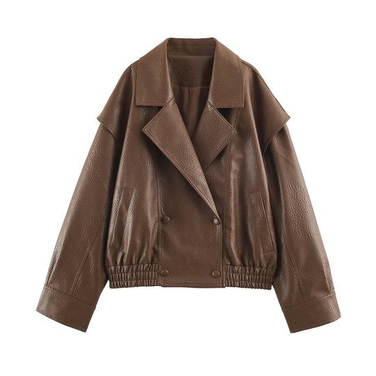 Damen Oversize Kunstlederjacke mit Doppelreihe, weitem Revers und elastischem Saum Nord Taschen