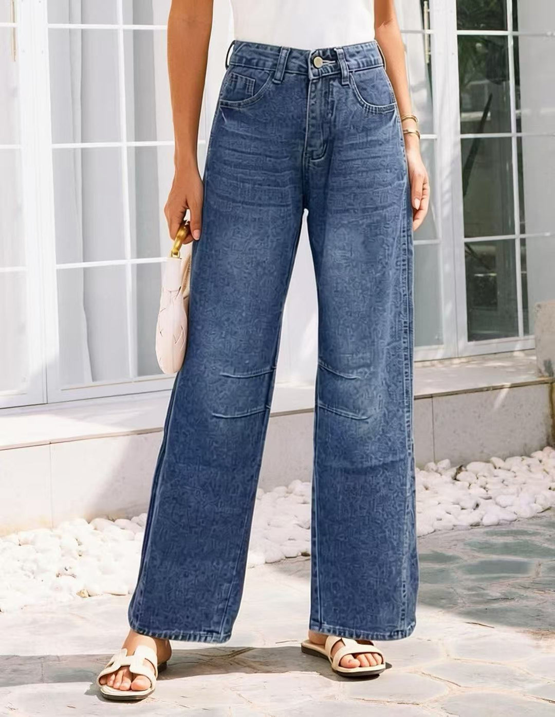 Damen High-Waist weite Denim-Hose mit ausgestelltem Bein und tonalen Knie-Abnähern Nord Taschen