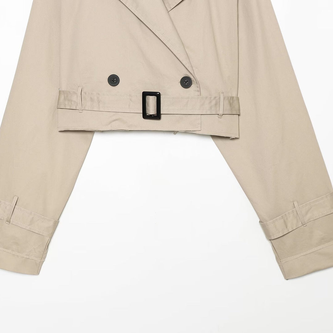 Damen Kurzblouson-Trench mit doppelreihiger Knopfleiste, Schulterpatten und Taillengürtel Nord Taschen